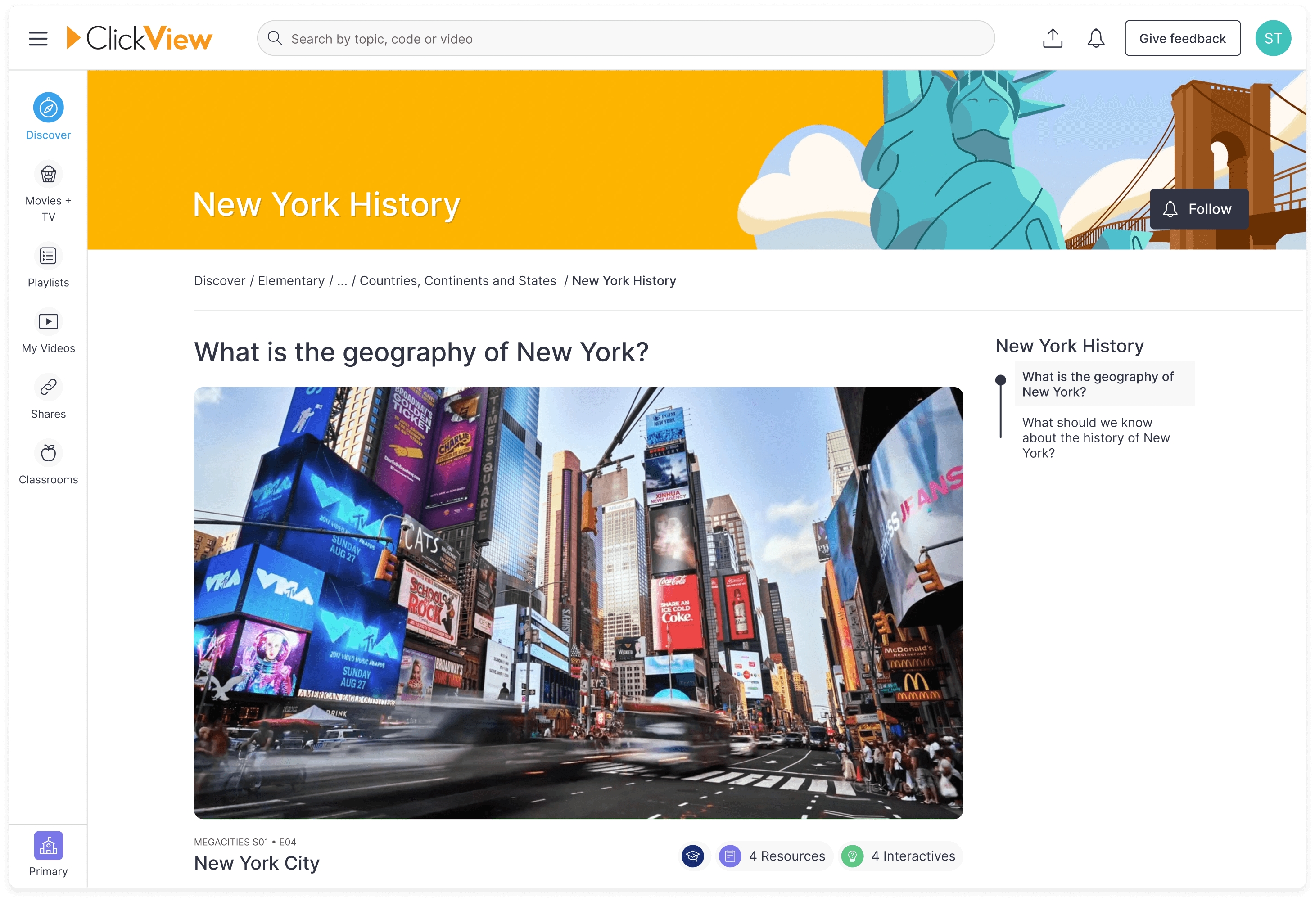 ClickView New York history topic