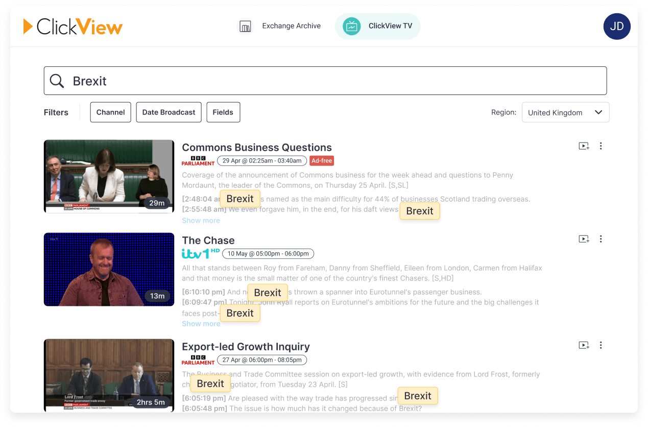 ClickView Search and filter feature filtered