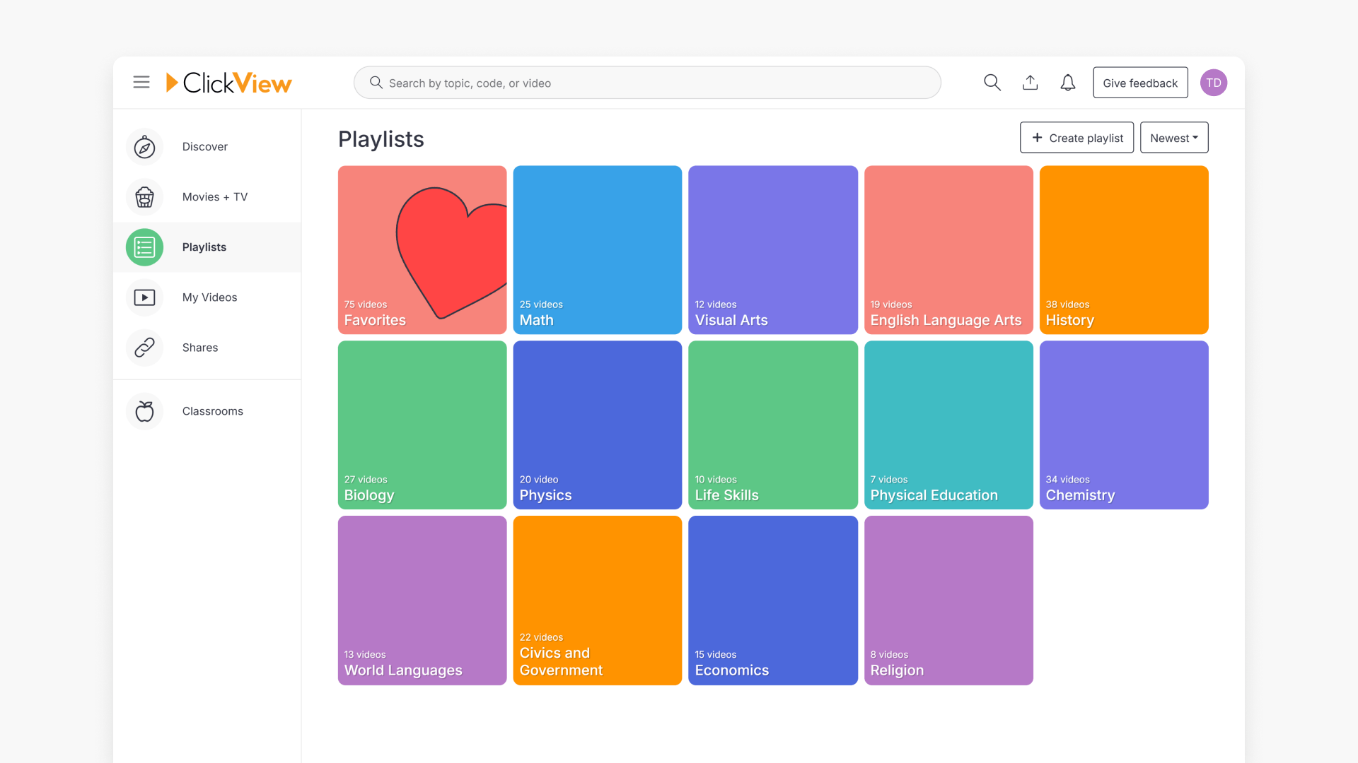 ClickView Playlists page
