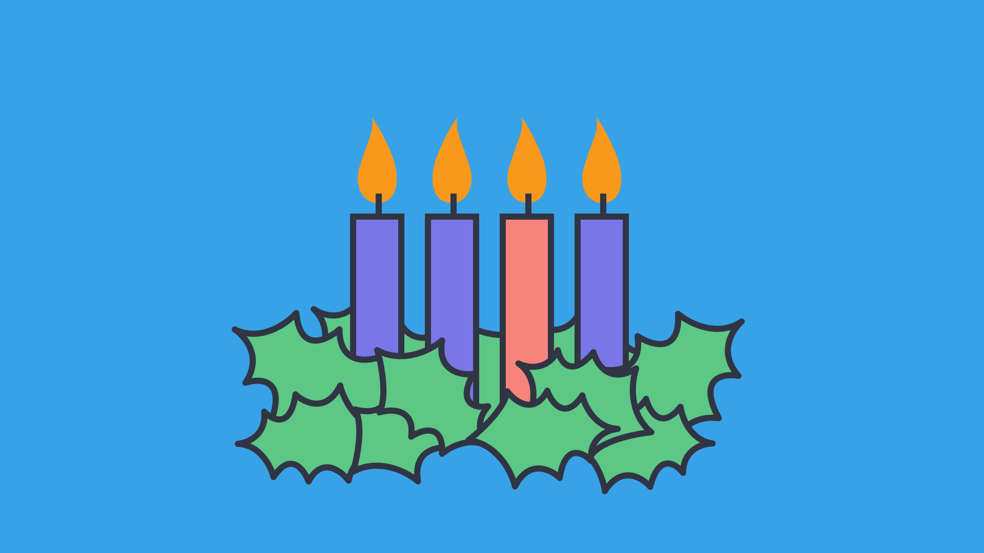 An illustration of three purple lit candles and one pink lit candle on top of green leaves with a blue background