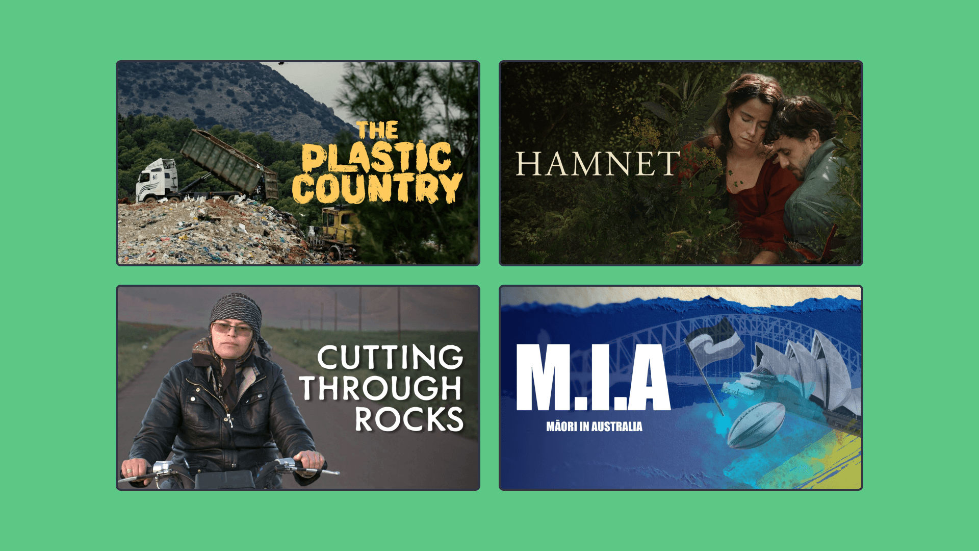 Four rectangle title images of shows
