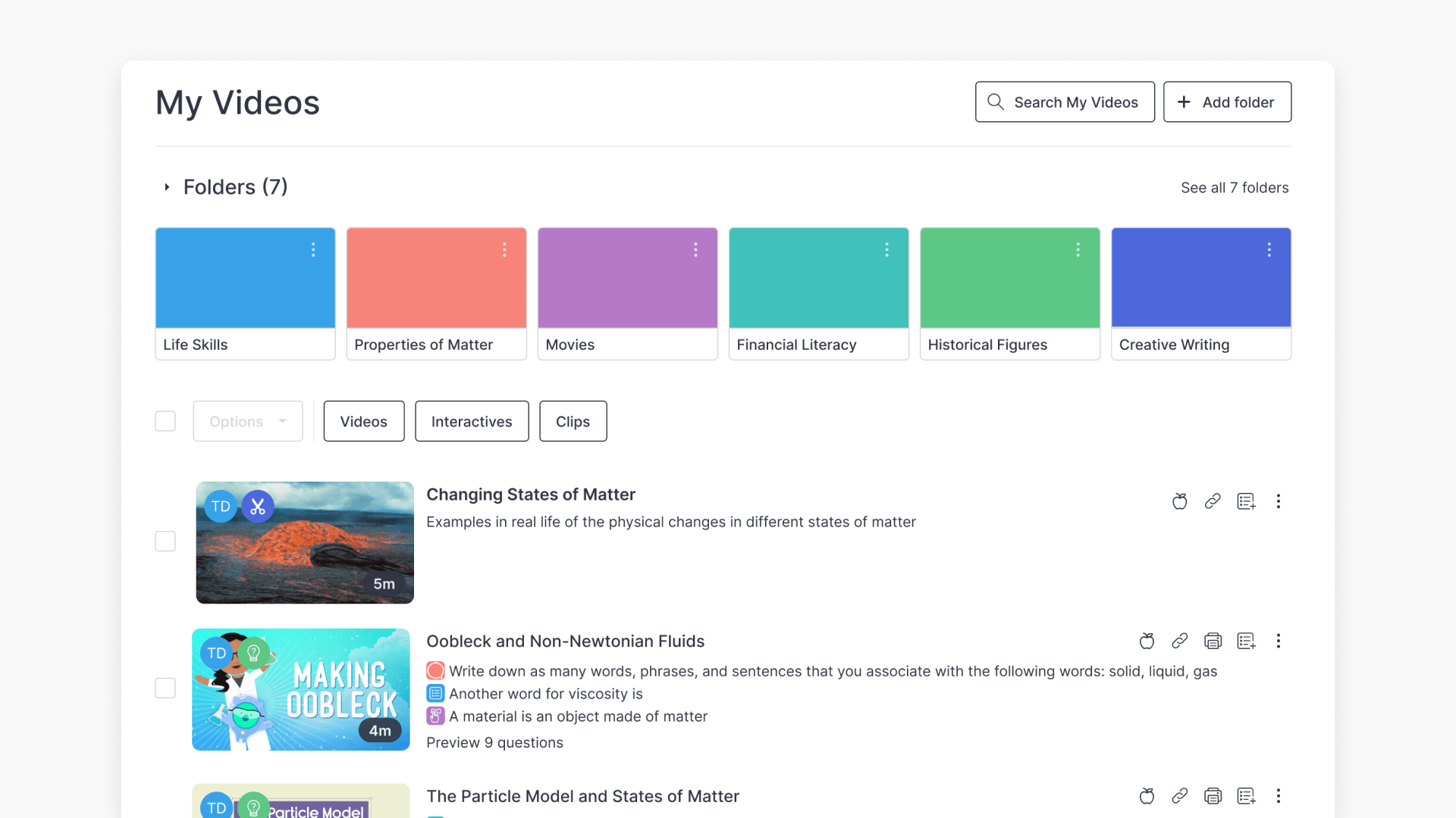 User interface of My Videos