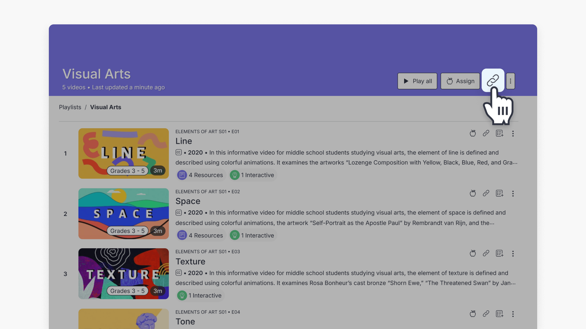 Hand pointing at 'Share' icon in a Playlist