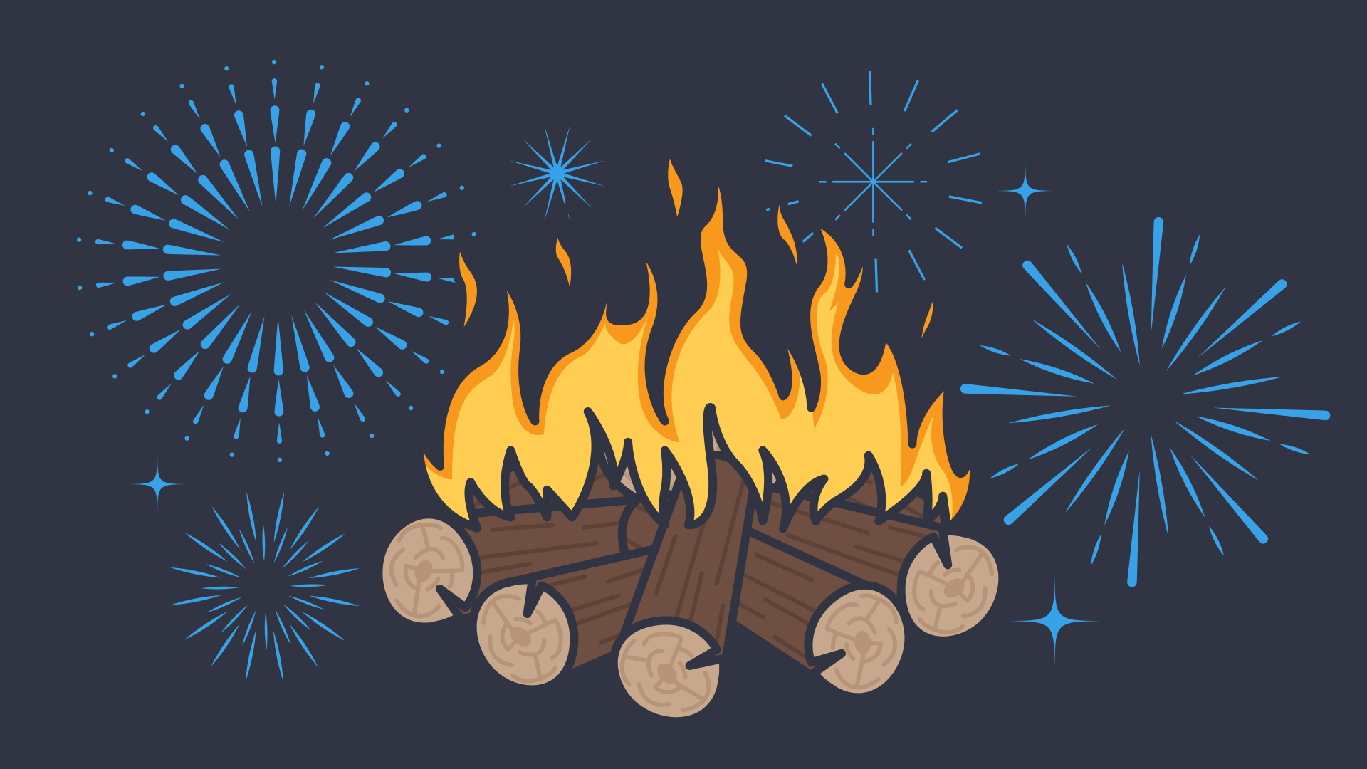 An illustration of a bonfire with fireworks in the background