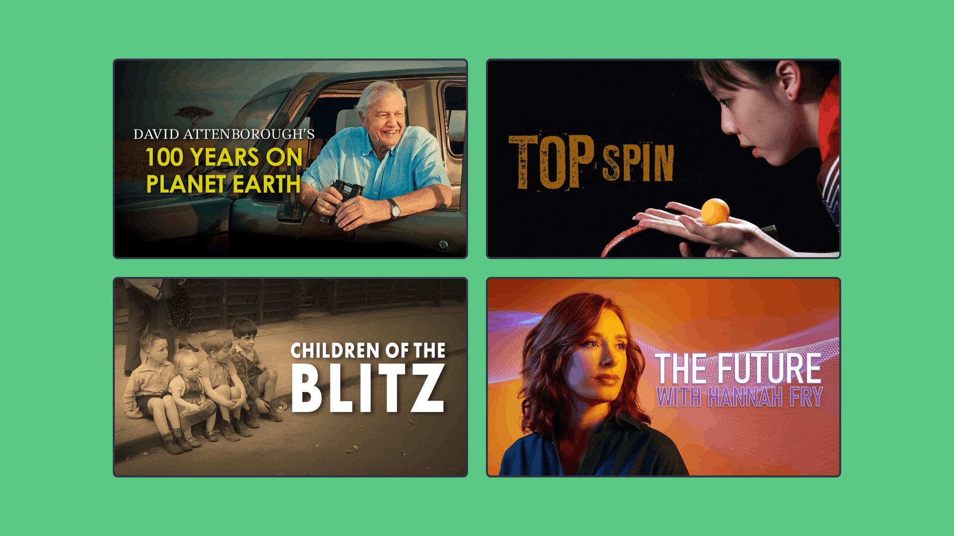 Four rectangles of images on a green background 