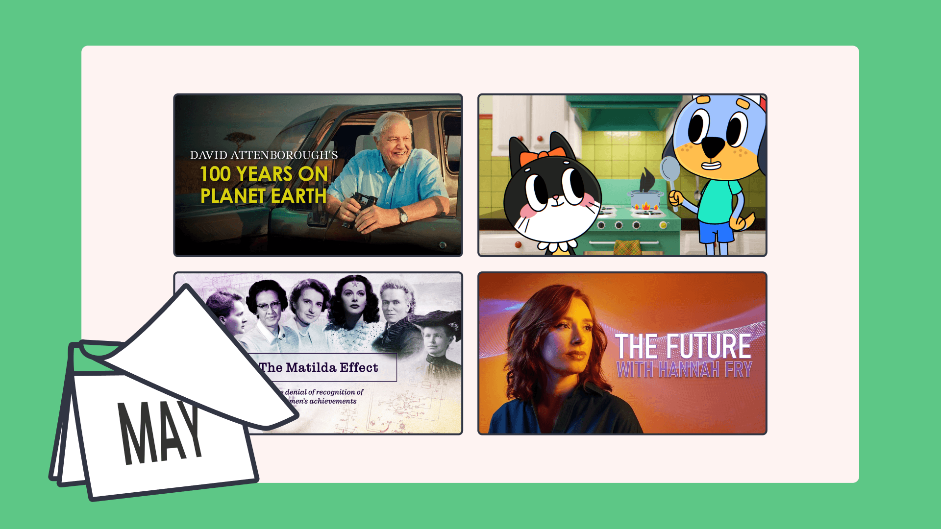 A collage of different videos with an illustration of the May calendar
