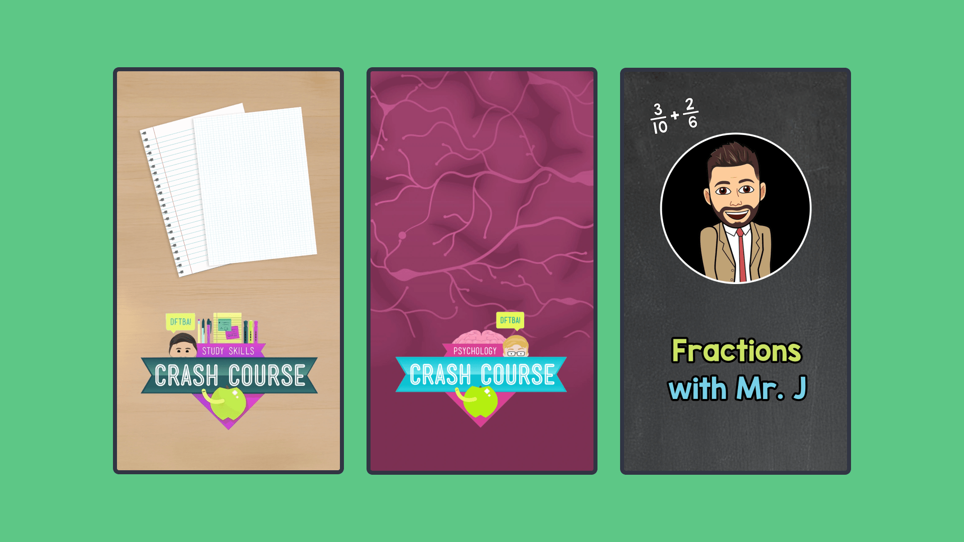 Three rectangles of images on a green background 