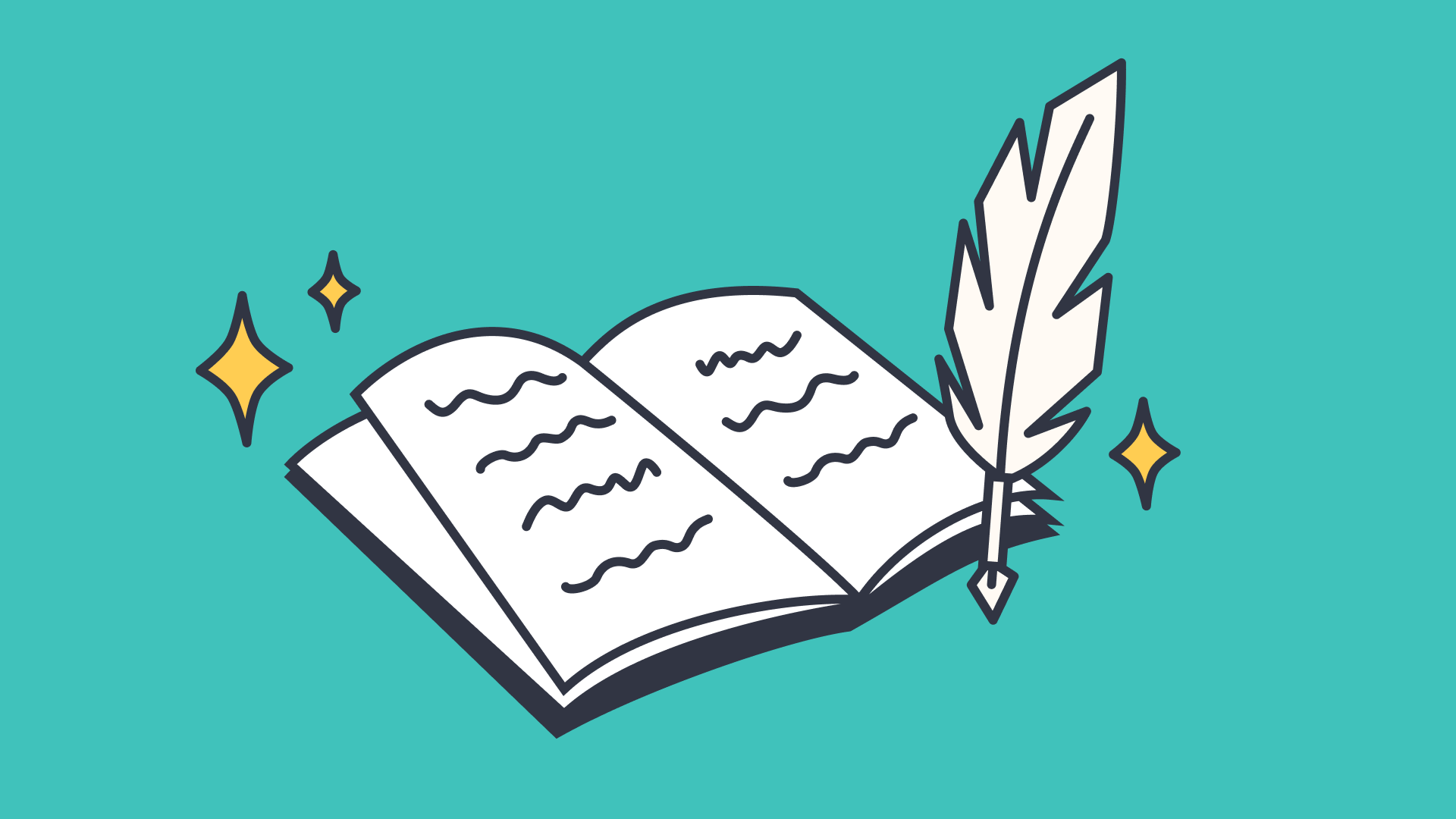 Illustration of an open book and feather quill