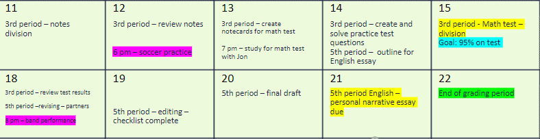 Example of study calendar