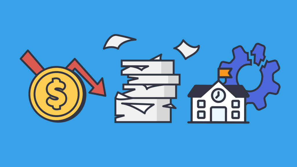 Illustration showing a dollar sign, papers, and a school symbolizing causes of teacher burnout