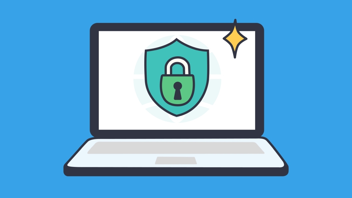 Laptop screen with a security shield icon representing online safety for students.