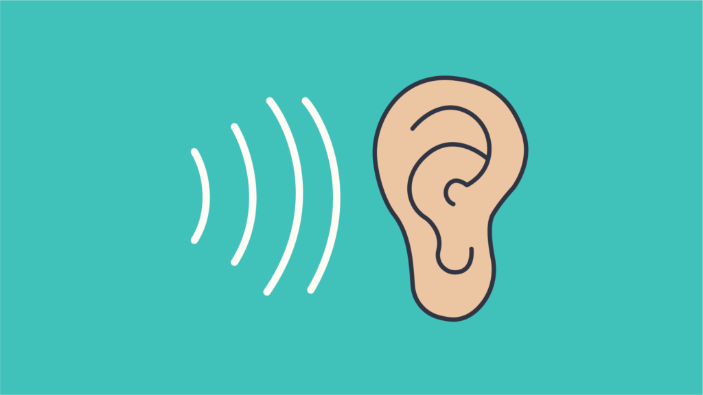 A graphic of a single ear and soundwaves on a simple green background