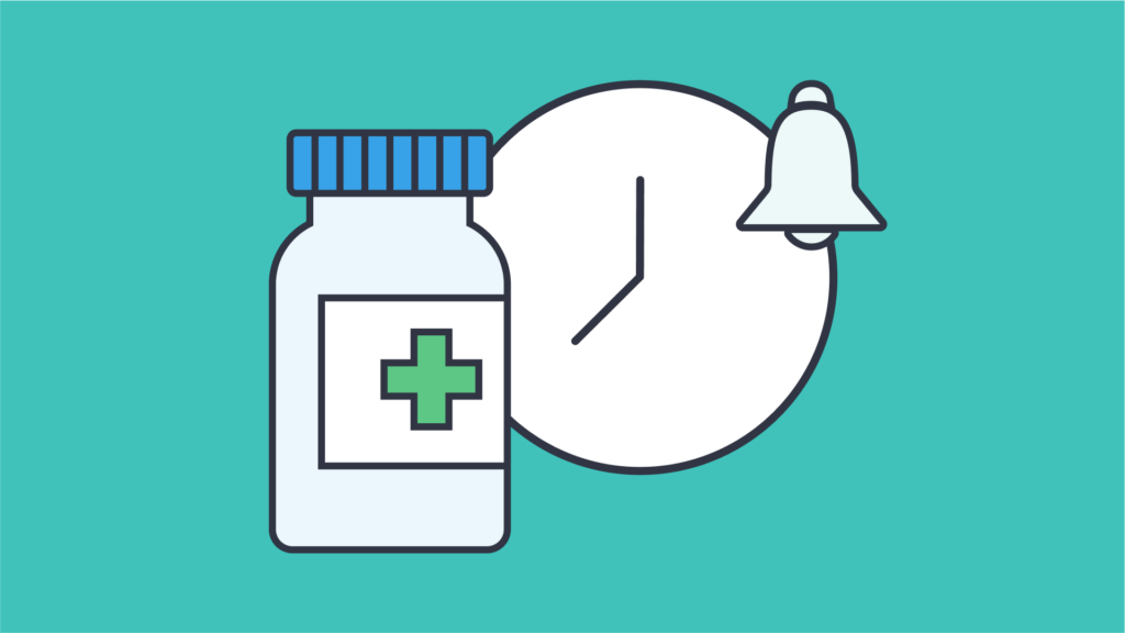 A graphic of a medicine bottle and a clock on a simple green background