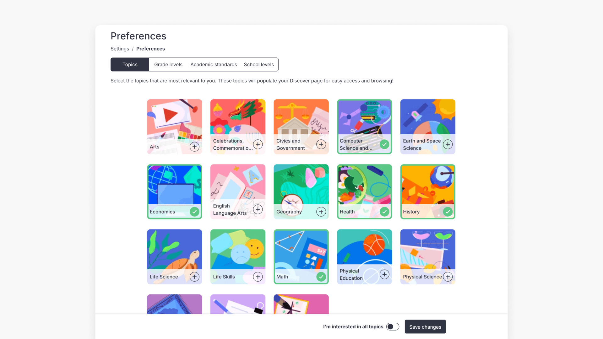 Topics being selected in the Preferences page of ClickView Settings