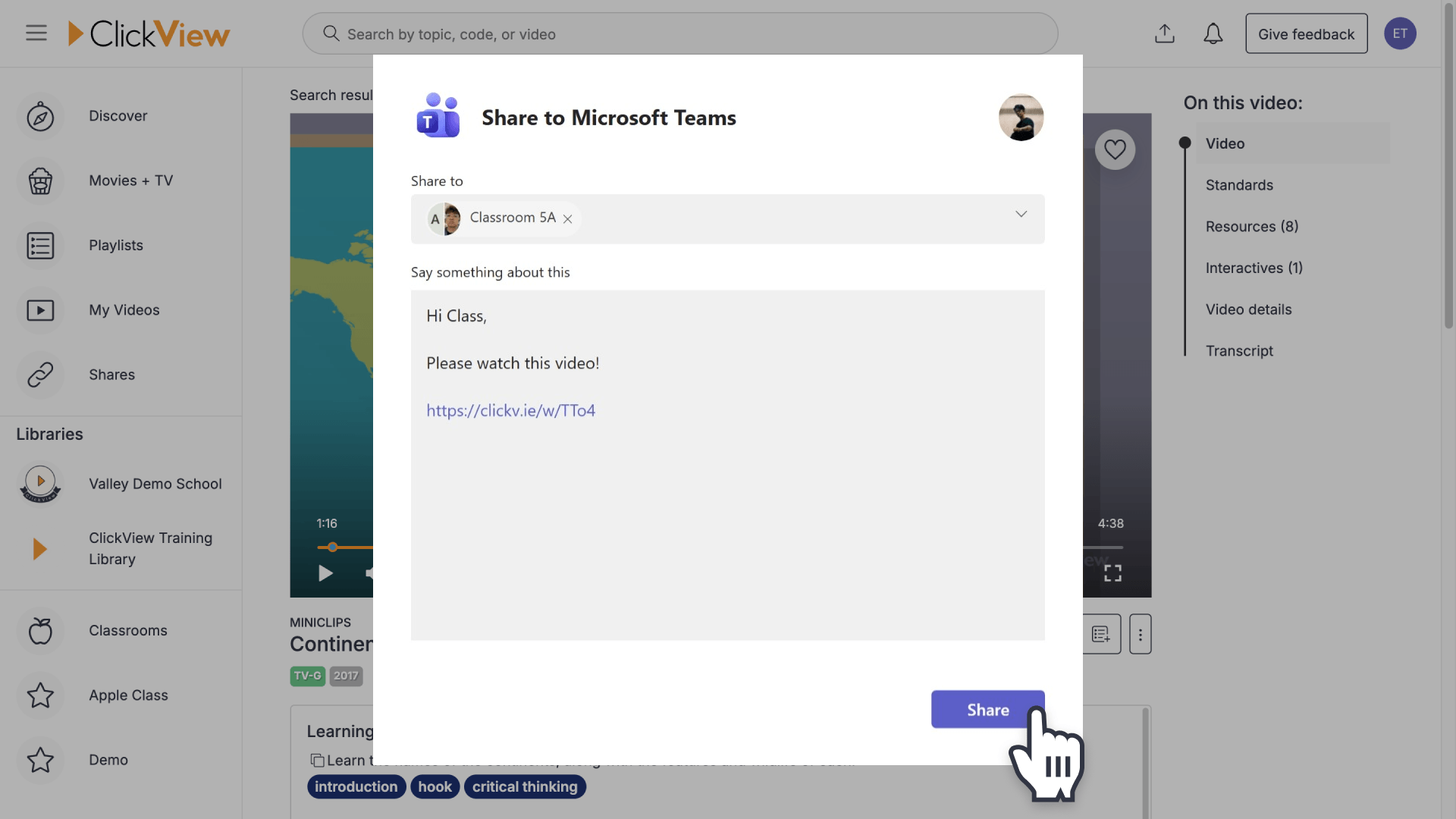 Hand pointing over the 'Save' button in the Share to Microsoft Teams pop-up window