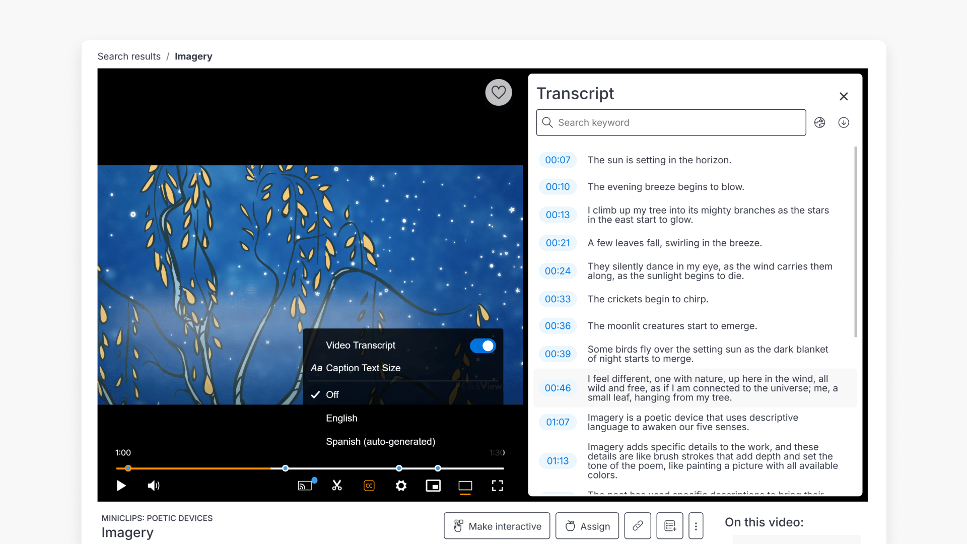 Video player with transcripts interface
