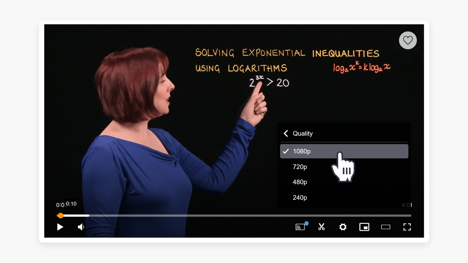 A video player with a cursor pointing at the 1080p video quality settings