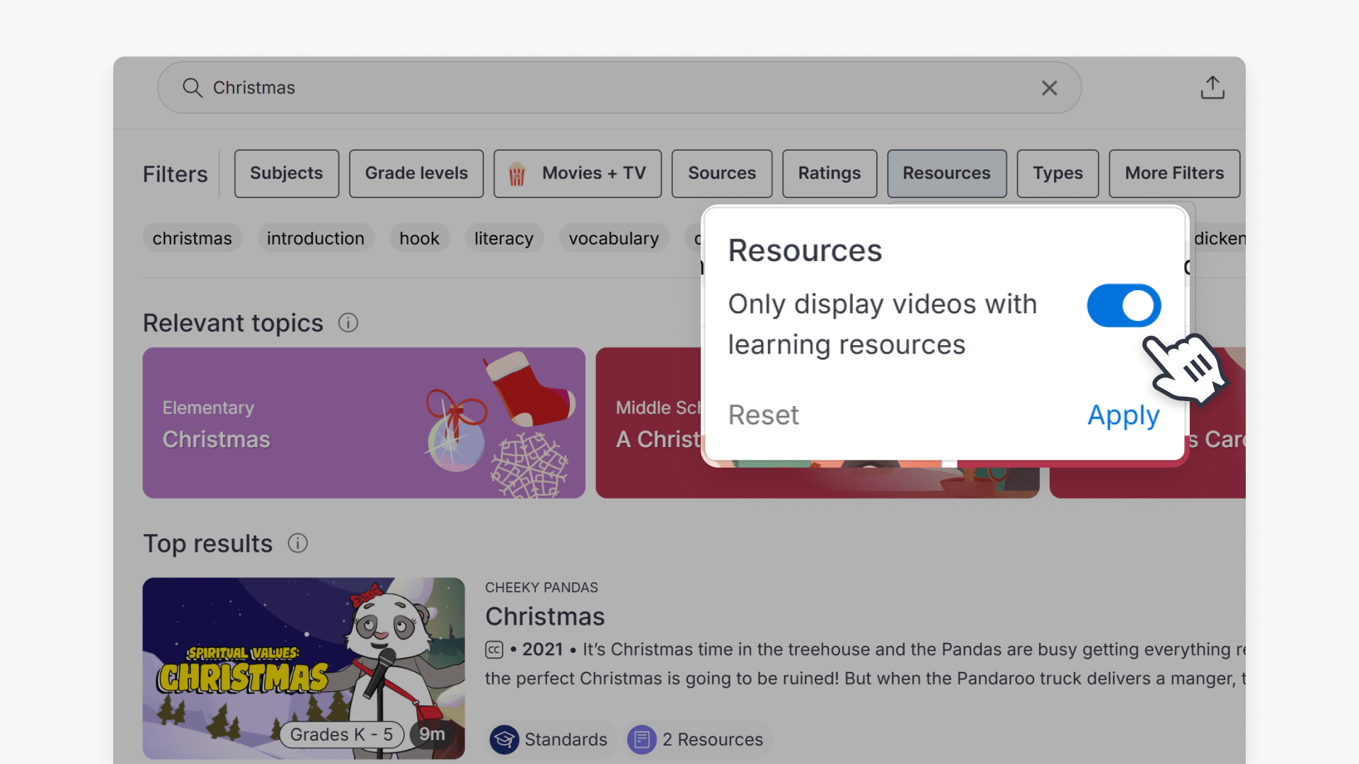 Hand pointing over the 'Only display videos with learning resources' toggle under the Resources filter