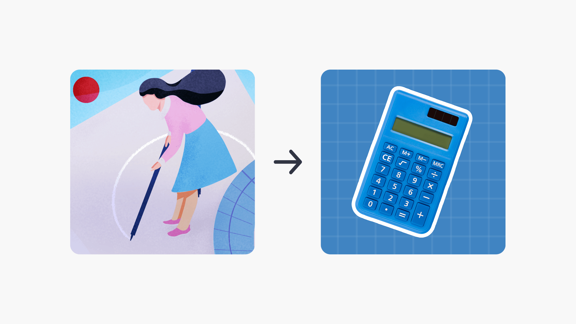 girl holding a big pencil icon and an arrow pointing to a calculator