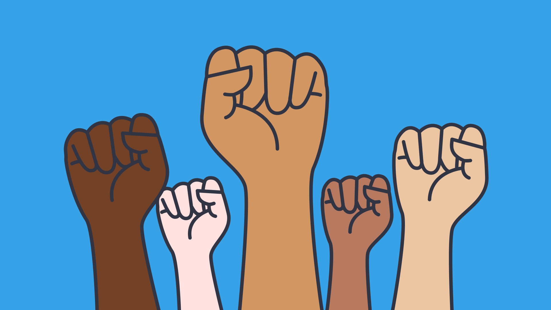 An illustration of five fists of different color on a blue background