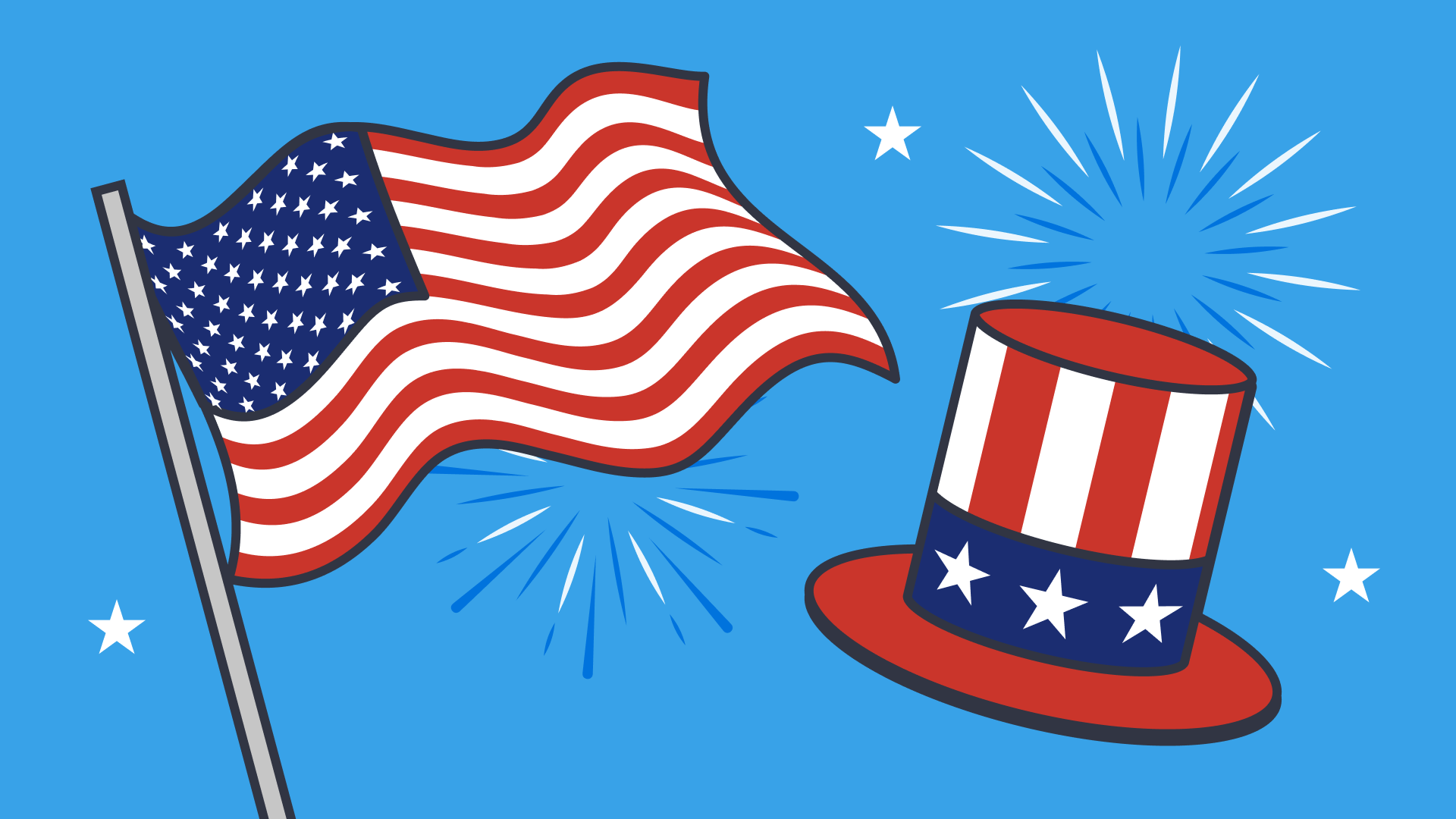 An illustration of the American Flag and hat with stars and stripes with a blue background