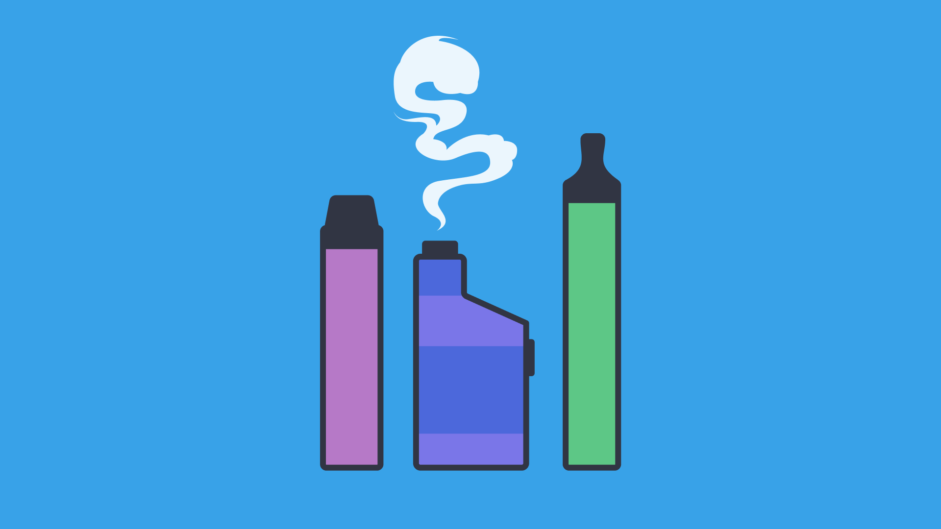 An illustration of different vapes in pink, purple and green with smoke coming out in the middle