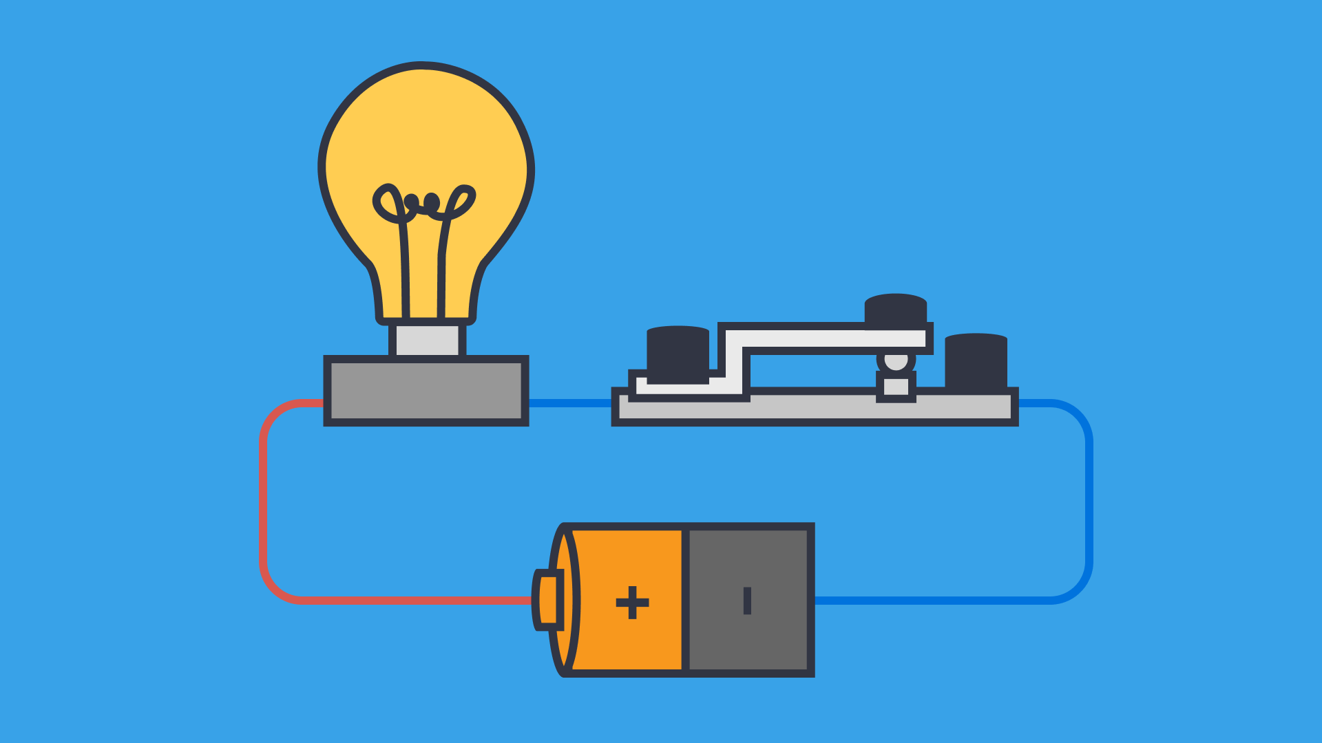 An illustration of a light bulb. battery, and conductor
