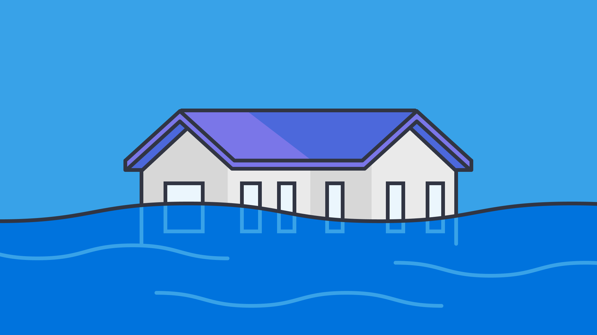 An illustration of a house that is flooding with a blue background
