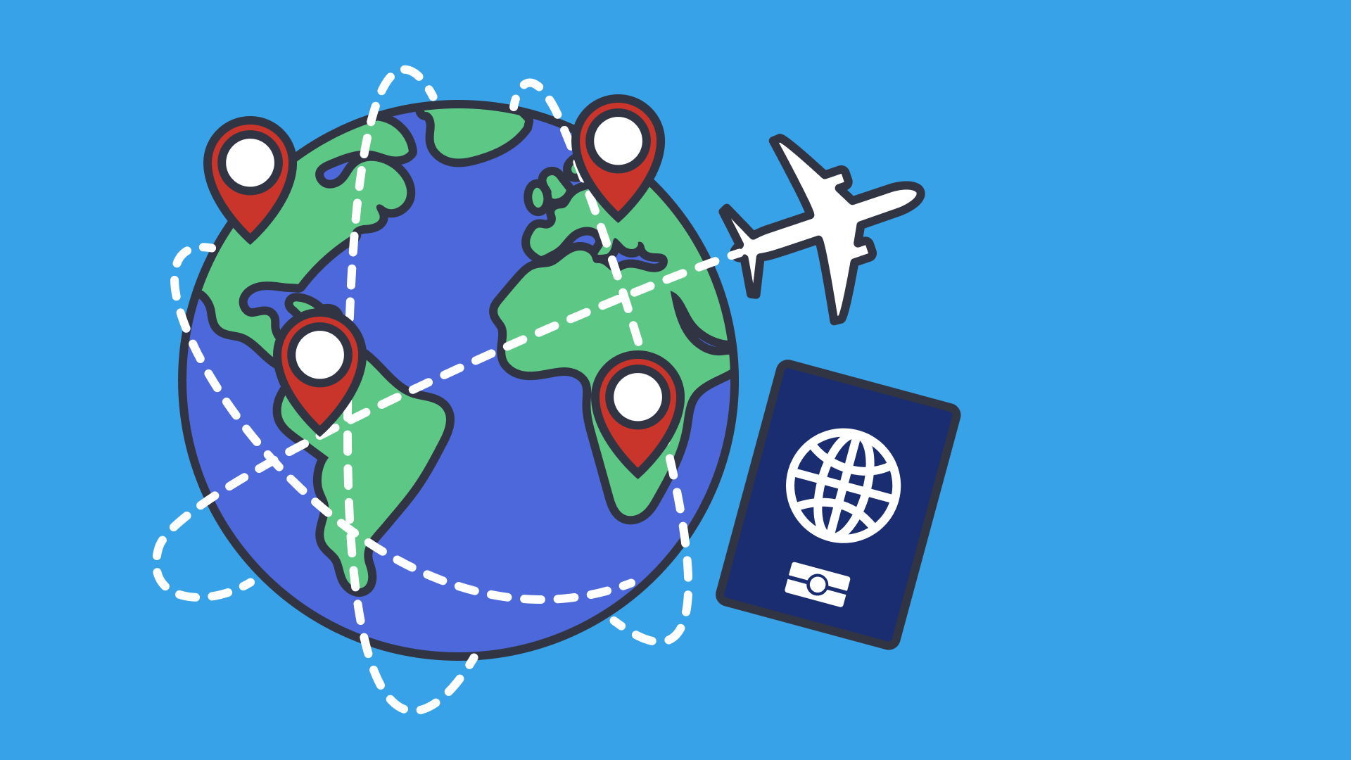 An illustration of the earth with location pins and an airplane and passport with a blue background