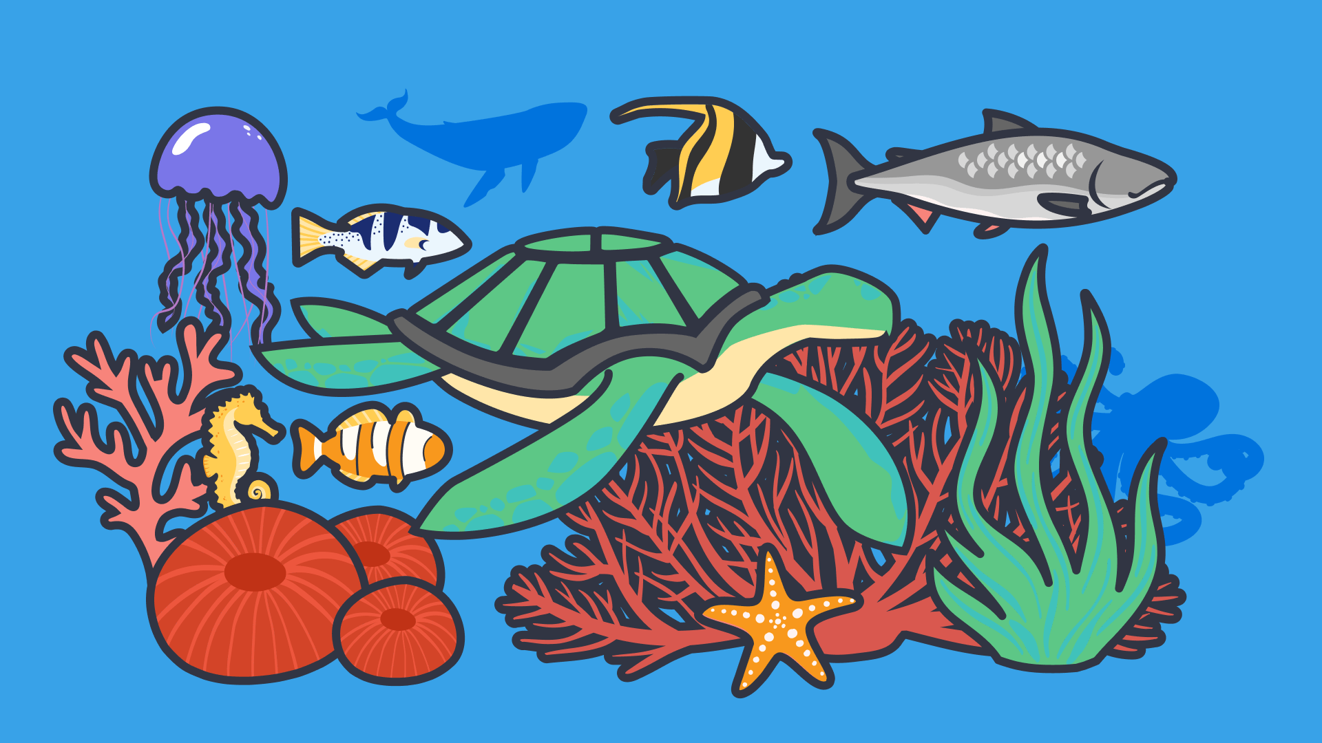 An illustration of sea creatures and sea plants