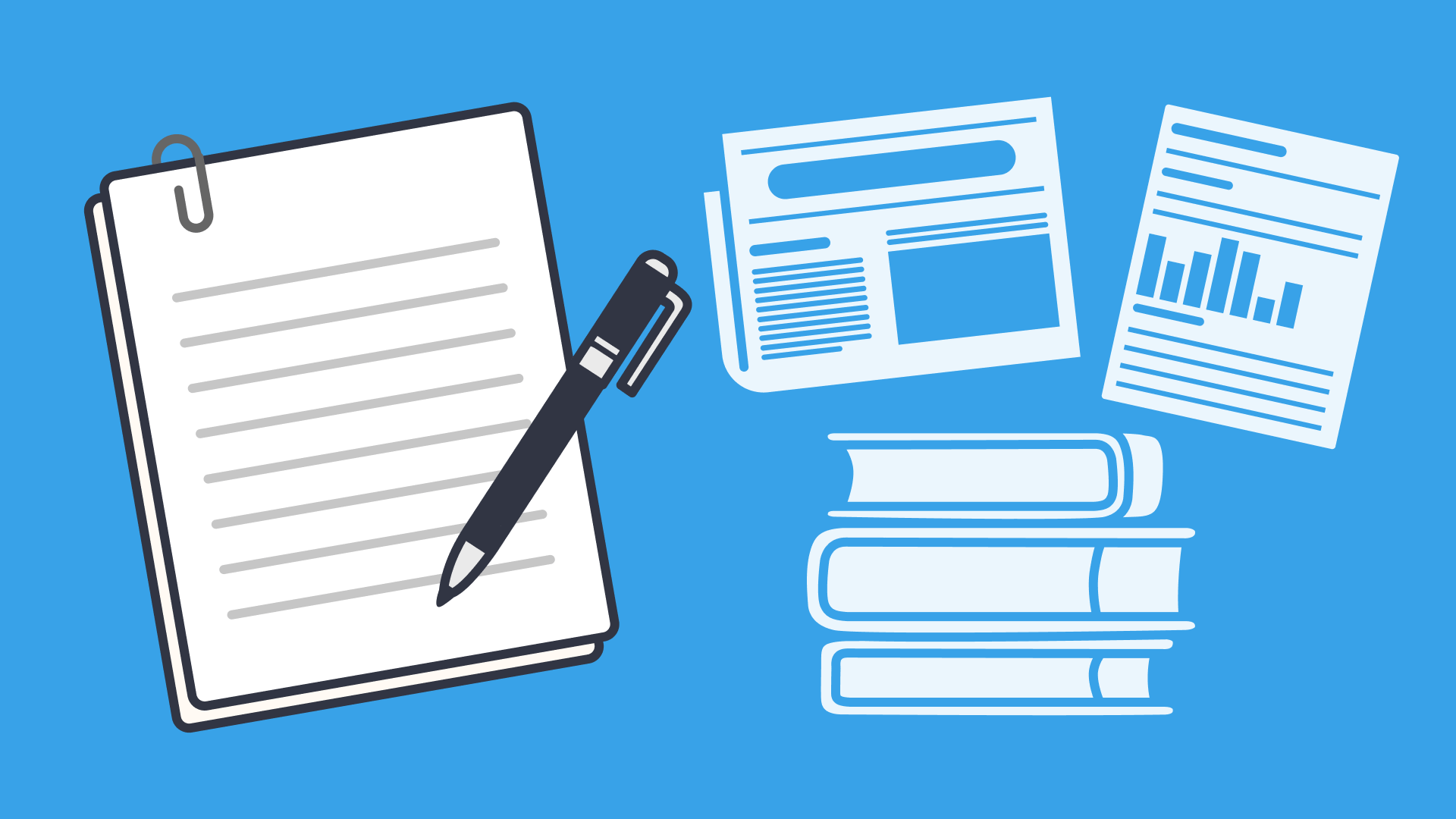 An illustration of a paper and pen, and books and newspaper on a blue background