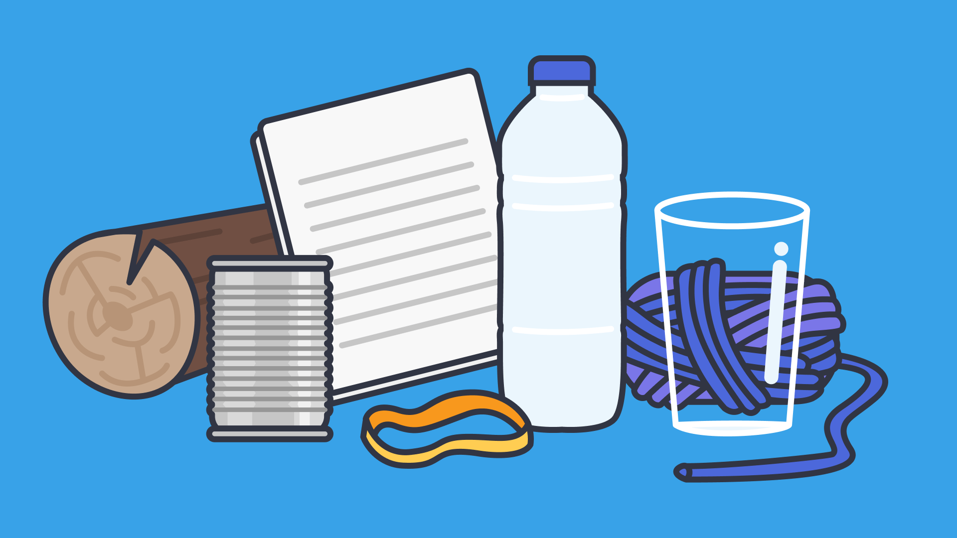 An illustration of a plastic bottle, paper, rubber band, a can and wood log