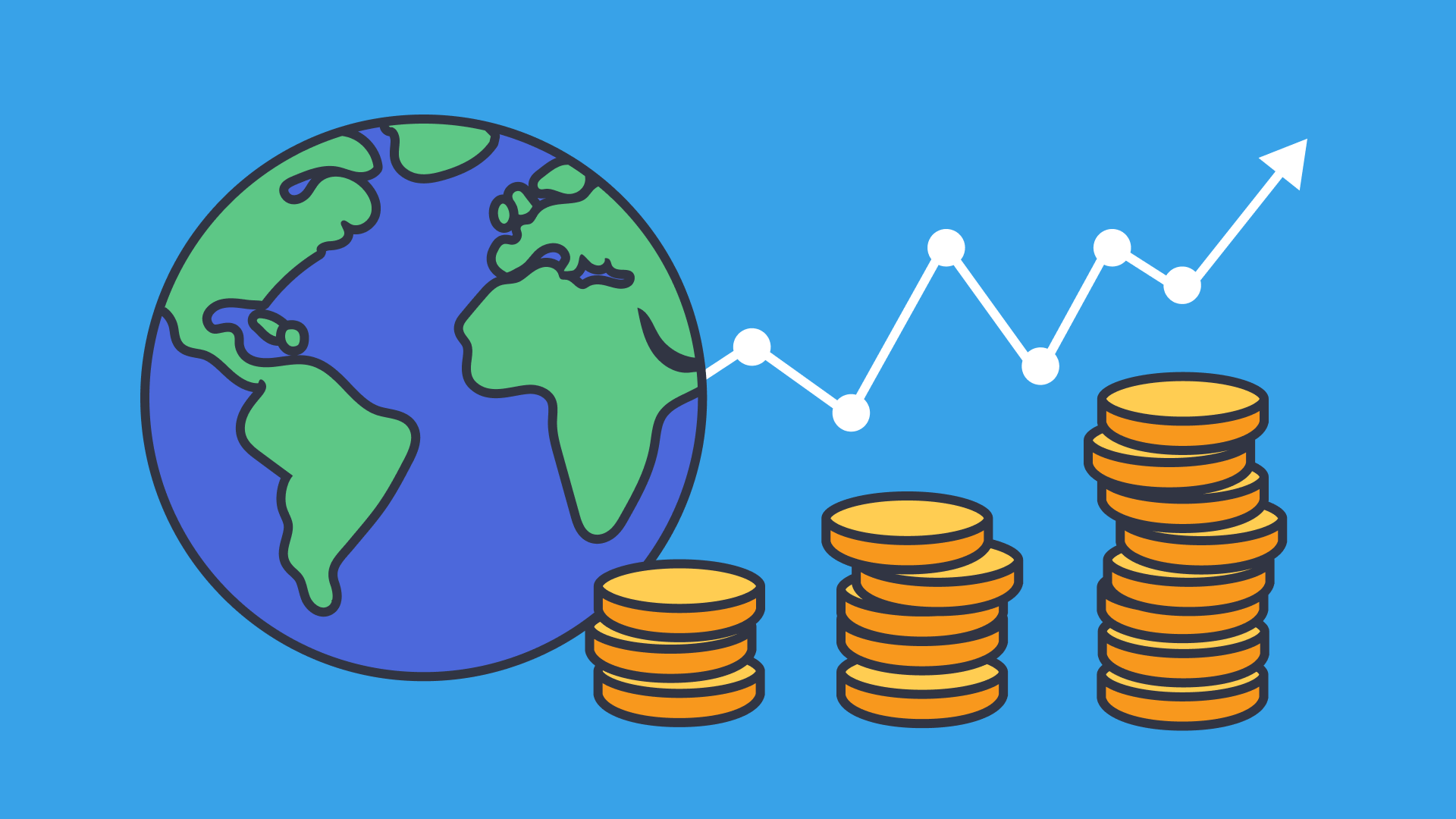 An illustration of the earth, coins, and a zigzag arrow on a blue background
