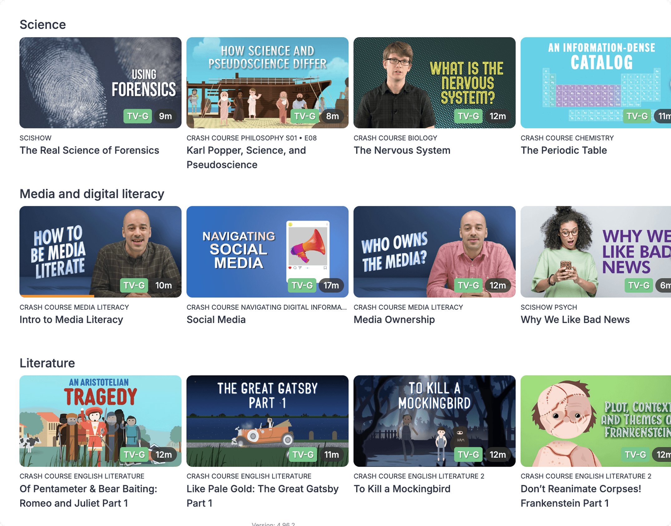 ClickView subject browse grid with curriculum-mapped video thumbnails