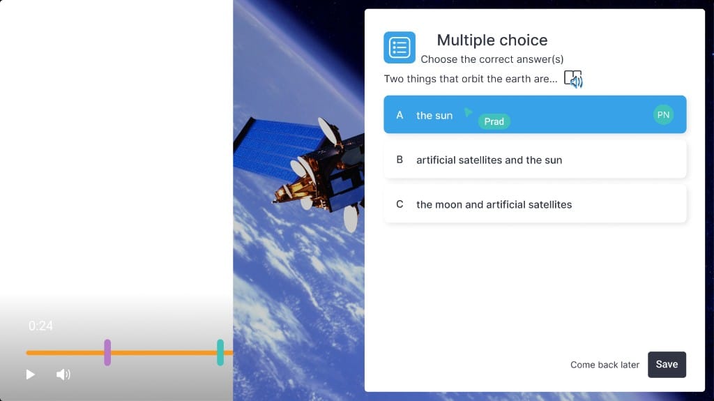 ClickView interactive multiple choice quiz overlaid on a video