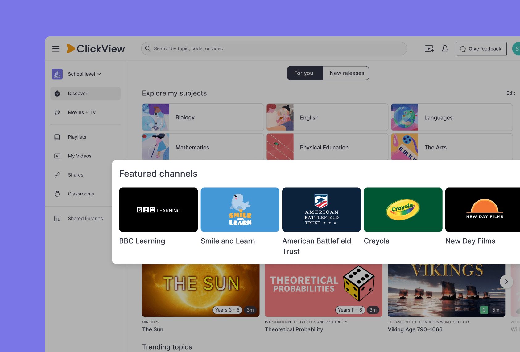 ClickView featured channels on the platform
