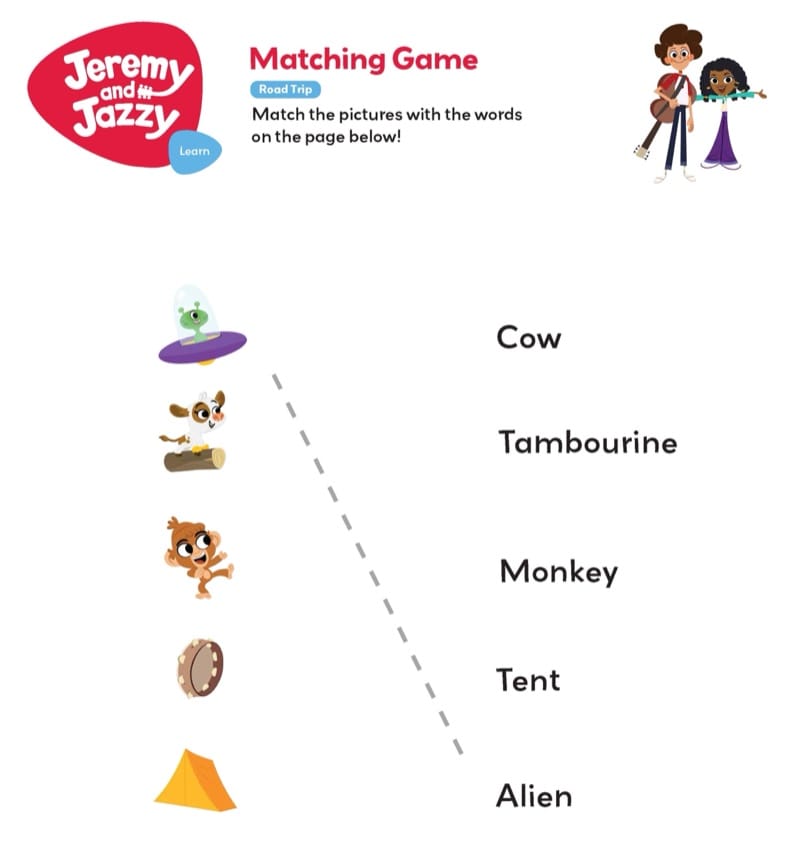 Jeremy and Jazzy matching game worksheet