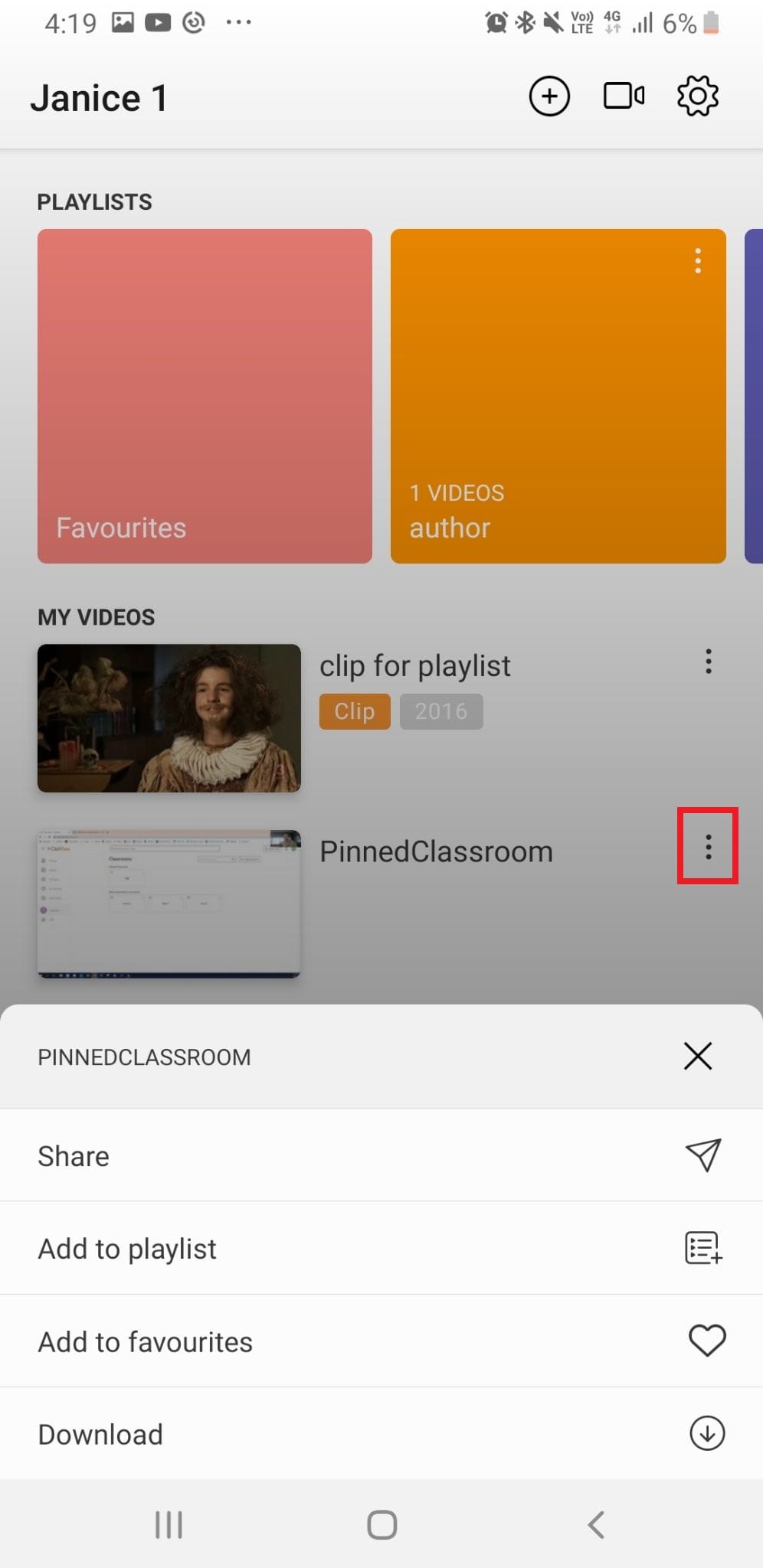 Manage videos with three-dot icon in ClickView Android app