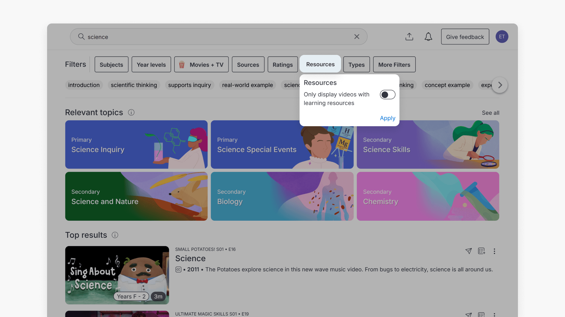 Teaching resources option