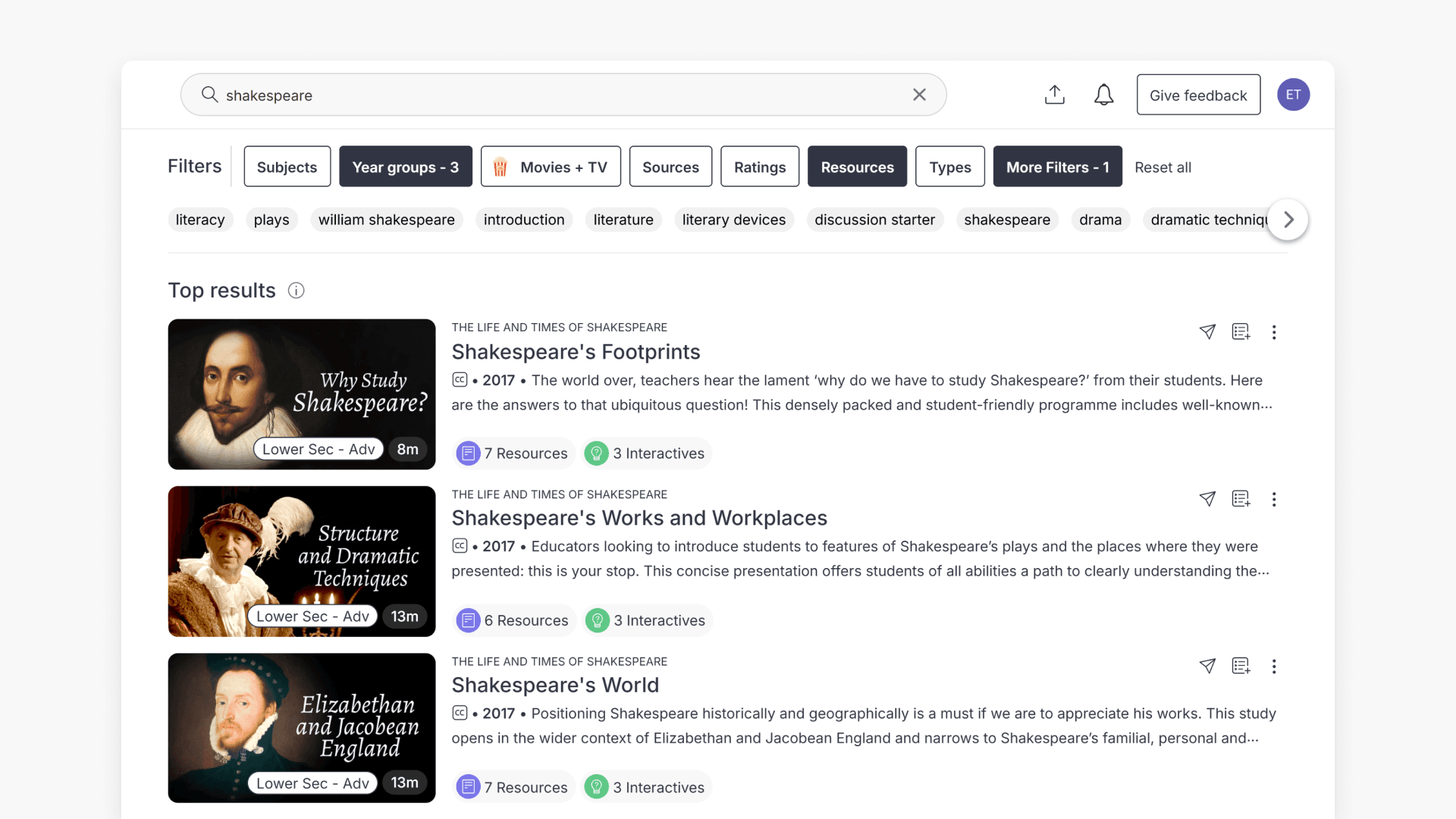 Window showing the search results with applied filters