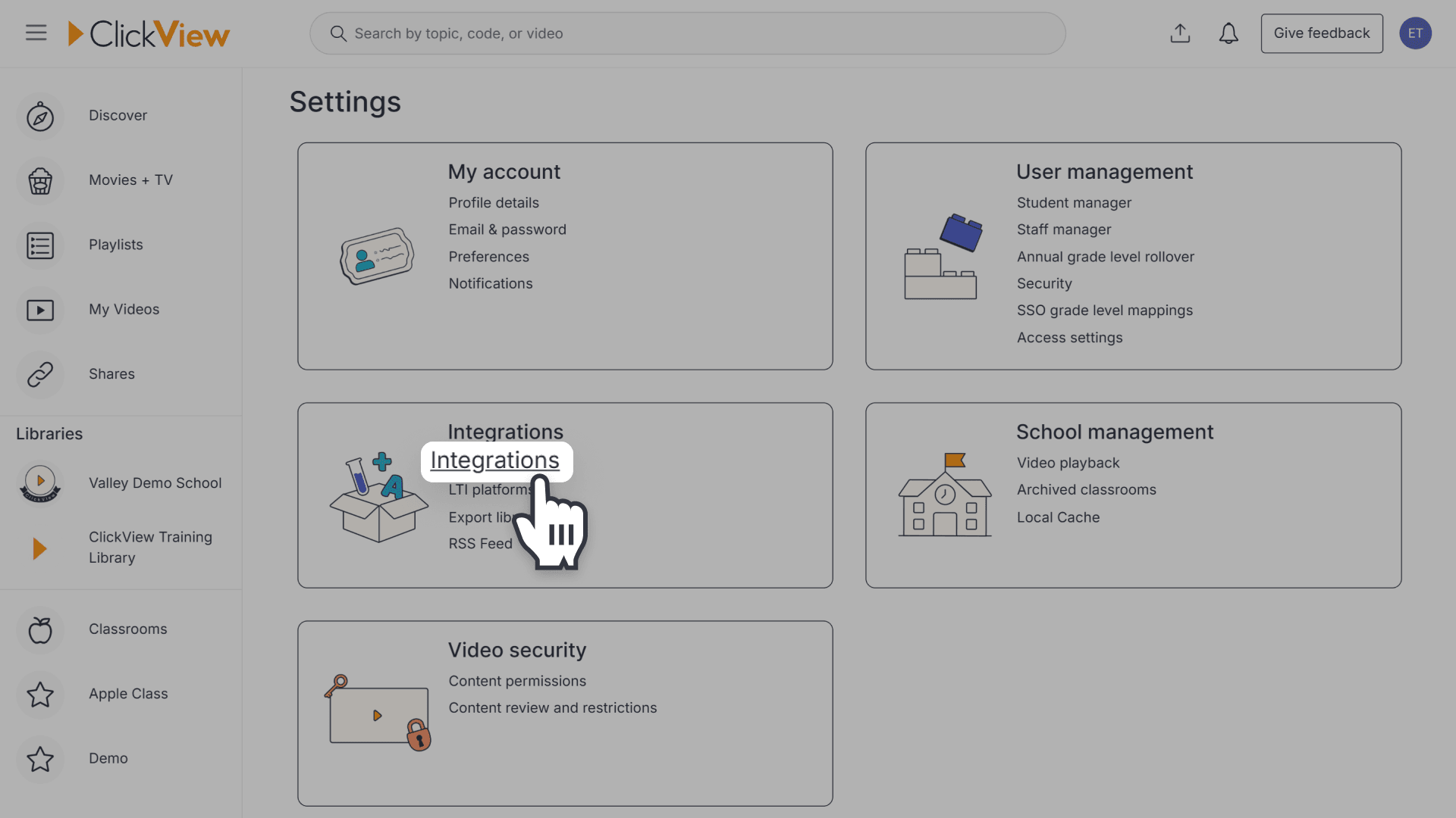 Clickview website integrations navigation