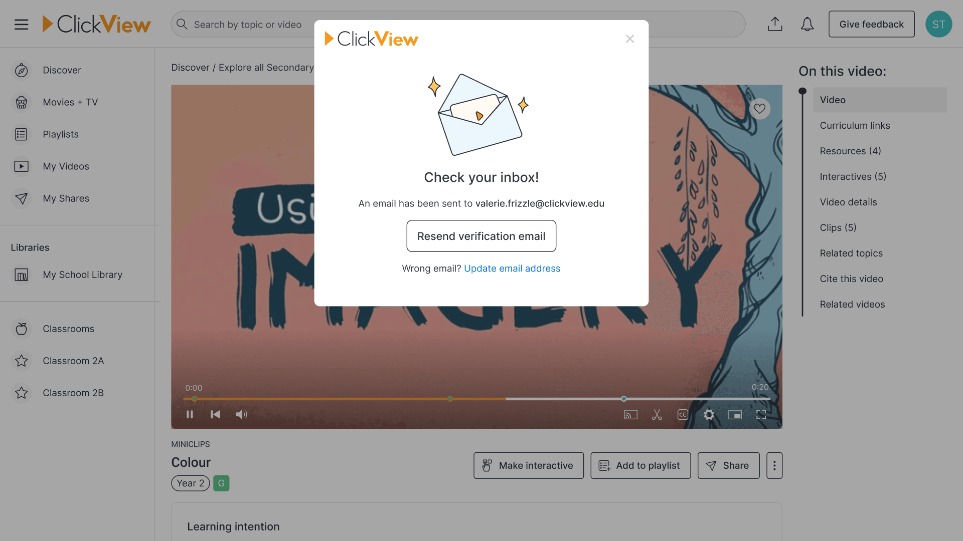 ClickView confirms the account and displays a notification.