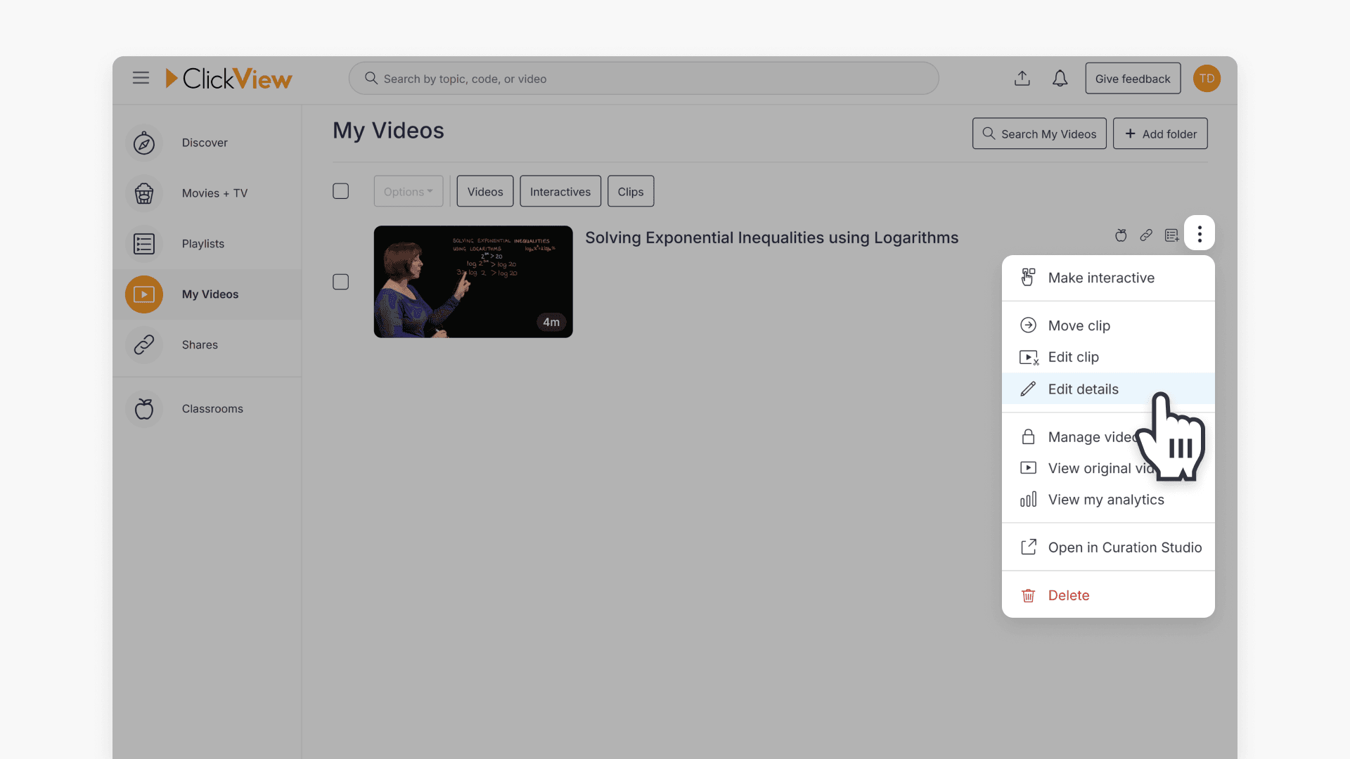 Hand pointing over the 'Edit details' option under the ellipsis option in My Videos page