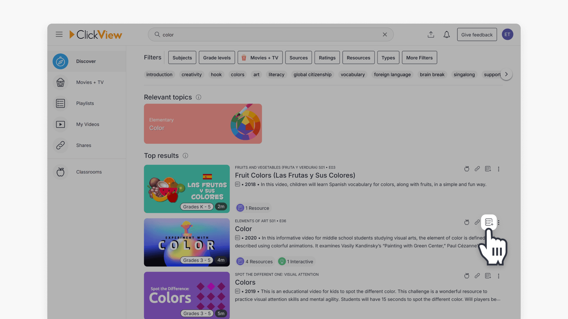 Hand pointing over the 'Add to playlist' icon in the search result page