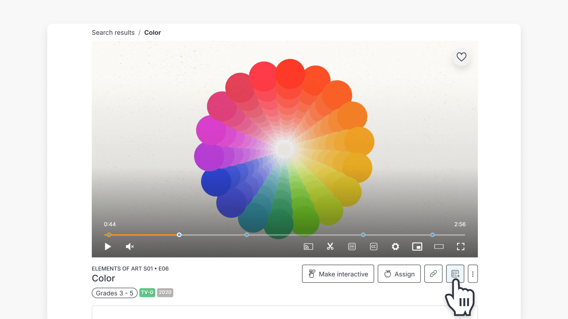 Hand pointing over the 'Add to playlist' icon in the play page