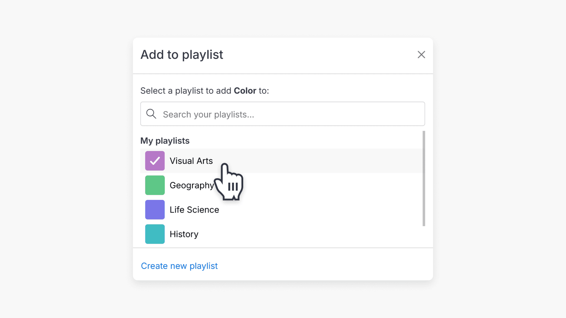 Hand pointing over to the the dropdown options of 'My Playlist'