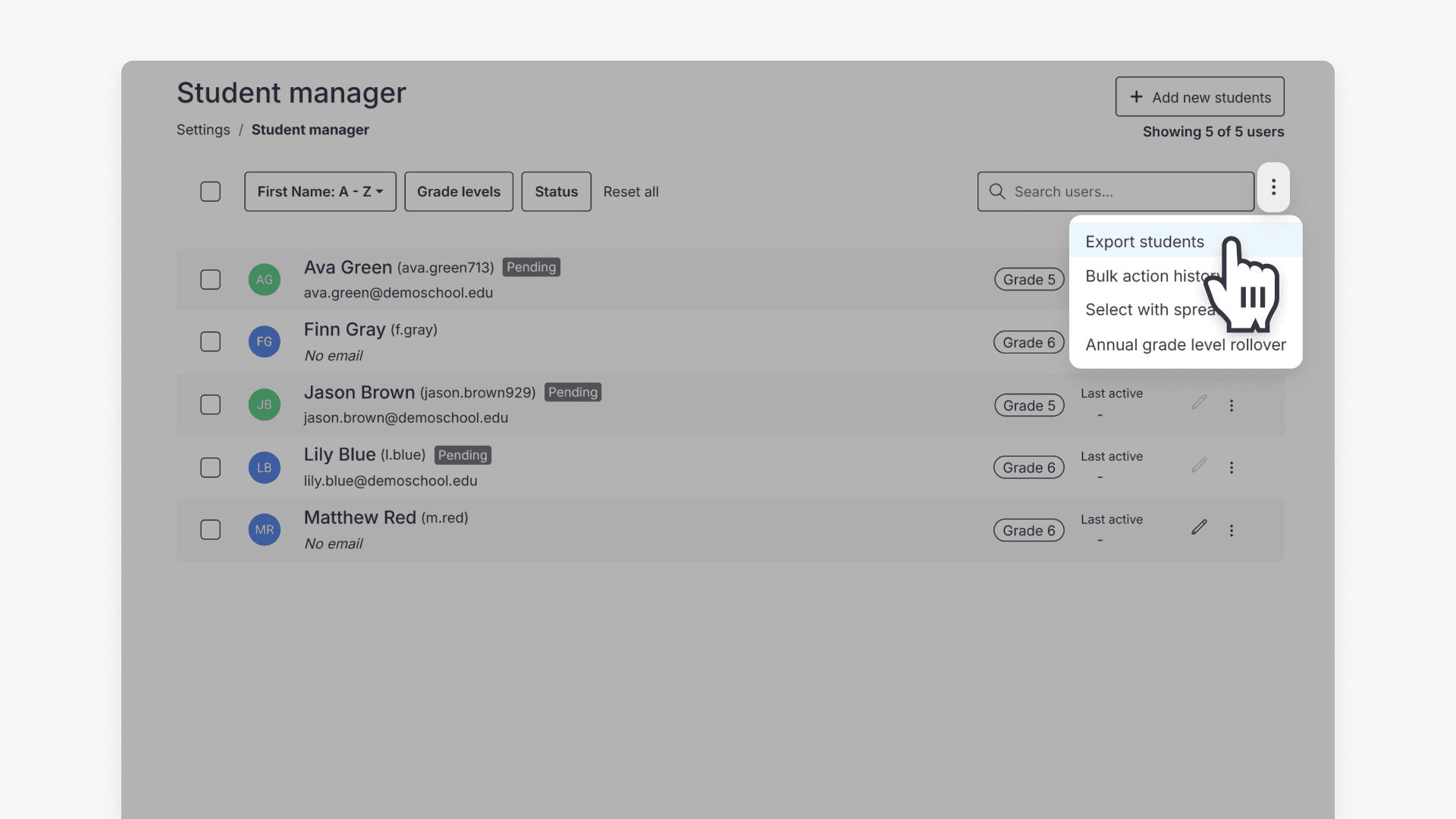 Hand pointing over the 'Export students' option under the ellipsis in the Student manager page