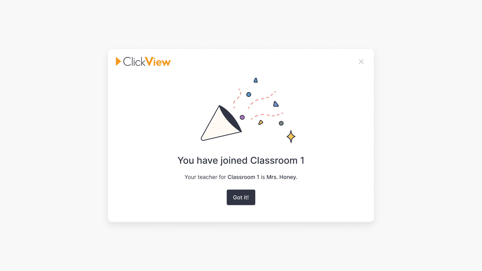 Window showing confirmation that the student has joined a classroom