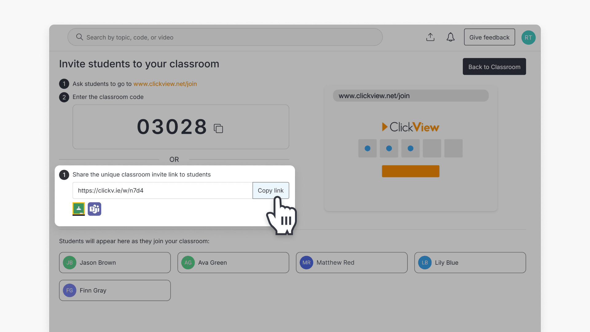 Window highlighting the option for inviting students to a classroom via sharing unique classroom invite link