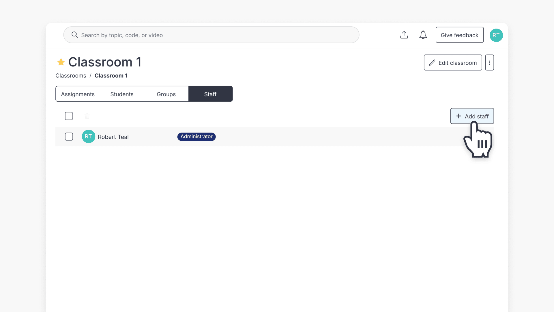 Cursor hovering over the "Add staff" button inside a ClickView Classroom